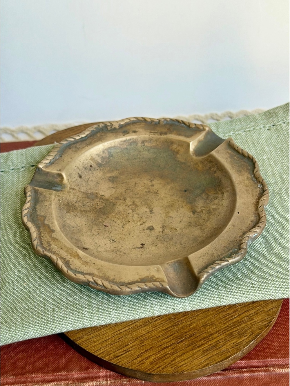 Vintage Brass Ashtray Scalloped Rope Edge Catchall Trinket Dish Patina